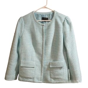 Talbots Light Blue Tweed Blazer Jacket Snap Button Front Sz 14P Cotton Blend EUC